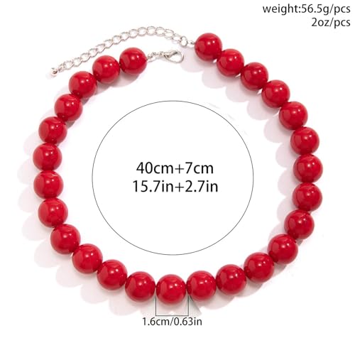 Chunky Red Beaded Necklace for Women Adjustable 16MM Acrylic Bead Choker Necklace Big Colorful Beaded Black Necklaces Large Red Pearl Statement Necklaces Jewelry Accessories3