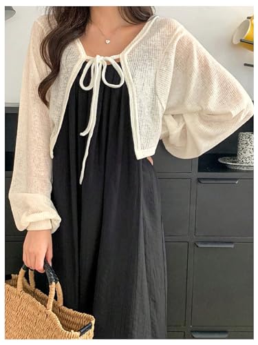 Milumia Women's Tie Front Lantern Long Sleeve Cardigans Knit Lightweight Crop Tops2