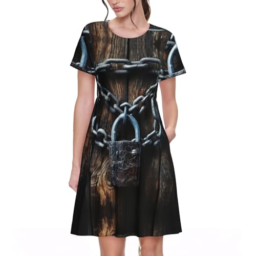 ZXERTG Vestido largo rústico de manga corta con estampado de puerta de madera envejecida, vestidos casuales de verano, para vacaciones en la playa y salidas de primavera, Negro, XXL