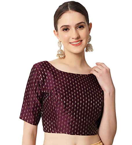 Pujia Mills Women's Weaving Jacquard Elbow Length Boat Neck Line Saree Blouse (Bliss Wine 38)