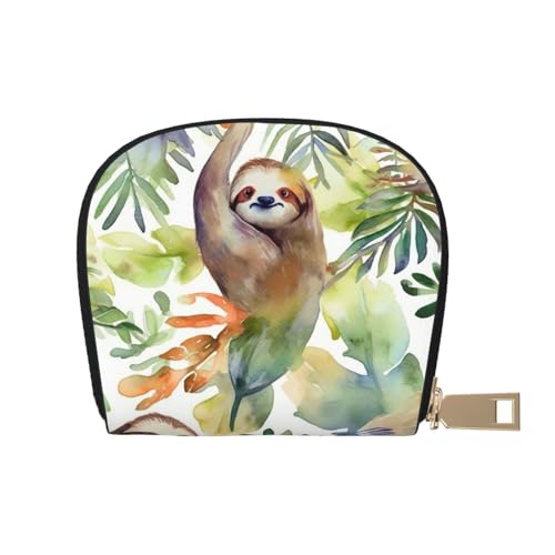 Watercolor Sloth Credit Card Holder Wallet, Leather Zipper Card Wallet For Women Ladies Rfid Blocking Card Case Small Coin Purse Accordion Wallet Gift