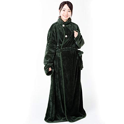 アイリスプラザ fondan 着る毛布 ポケット ベルト付 特製BOX入り Lサイズ 着丈170cm 無地 モスグリーン 静電気防止 洗える フランネルマイクロファイバー 部屋着 クリスマス ギフト ルームウェア