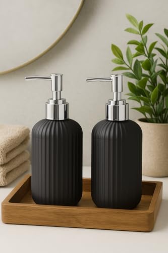 Image of LAGET 300ml Soap Dispenser for wash Basin - White Black Golden Print | Kitchen and Bathroom Accessories Items | Handwash Dispenser Bottle- Set of 2 (Black)