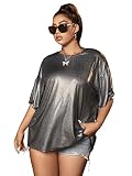 Verdusa Women's Plus Size Metallic T Shirt Drop Shoulder Oversized Tee Top Grey 2XL