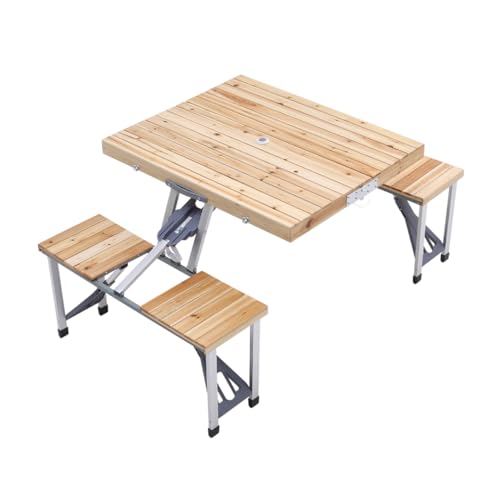 Juego de mesa plegable de picnic con agujero para sombrilla, 2 sillas de banco, mesas portátiles de aluminio para exteriores para barbacoa y picnic
