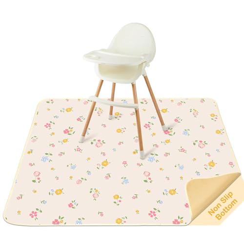 BeBeJoJo Splat Mat for Under High Chair 42 x 42 Inch Waterproof Baby Splash Mat with Non Slip Bottom Reusable Portable Highchair Mat for Floor Food Catcher for High Chair Yellow Pink Floral