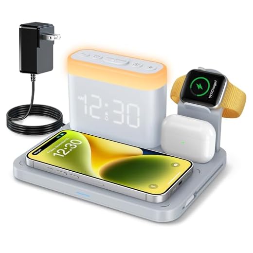 ANJANK Wireless Charging Station with Alarm Clock & Night Light,Magnetic 5 in 1 Charger Stand for Multiple-Device,Charging Dock for iPhone 17 16 15 14 13 12 Pro Max Plus,Apple Watch,Airpods,Nightstand