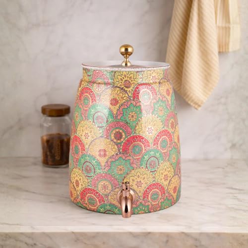 Image of VIP Copper Matka | Decorative Drinking Water Pot with Tap | Beautiful Printed Design | Healthy Storage for Home & Kitchen | Floral Printed Design | 9L Capacity