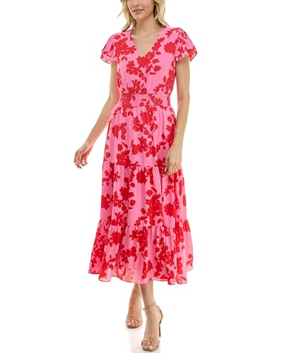 Image of Nanette Nanette Lepore Women's Tiered Pull on Fully Lined Dress with Smock Waist and Pleated Flutter Sleeve