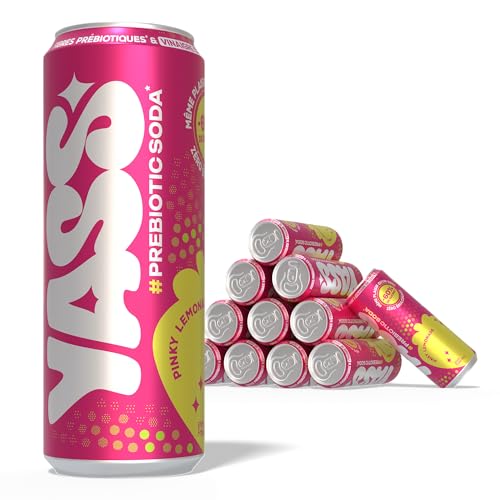 YASS Soda Prébiotique -Saveur PINKY LEMONADE - Le Soda Sain & Stylé qui Prend Soin de Ton Ventre 6.6g de Fibres et -60% de sucre-12 canettes de 33cl