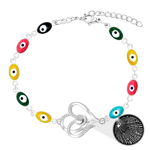 Image of 100 Languages I Love You Projection Heart Charm Evil Eye Chain Bracelet Adjustable Good Luck Jewelry Valentine's Day Anniversary Birthday Protection Gift for Women Mom Wife