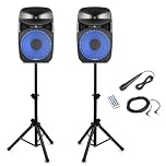 Vonyx VPS102A Bluetooth Active Party Speakers Set, 10-Inch 600W Home Audio Speakers with LED Light Show, Speaker Stands, Wired Mic & Remote – Active/Passive Pair Ideal for Parties, Karaoke & DJs