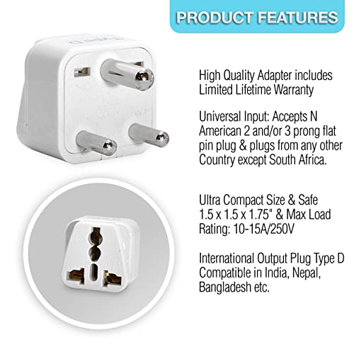 Ceptics India Travel Plug Adapter (Type D) for Pakistan, Nepal