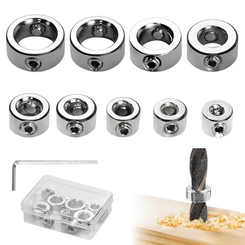FuxFuis Tiefenanschlagringe Set, 9 Stück Bohrtiefenbegrenzer 3/4/5/6/7/8/9/10/12 mm Tiefenanschlag Stellring mit 1 Sechskantschlüssel 45 Stahl Stellungsregler Ring für Bohrer, Bohrtiefe Kontrolle