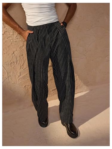 Men's Striped Dress Pants Straight Leg Zipper Fly Suit Pants Baggy Trousers with Pockets4