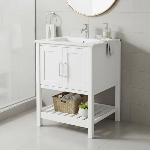 Image of Alaterre Furniture Bennet Bathroom Vanity Without Sink - 24 inch Small Freestanding Wood Vanity Cabinet with Soft-Close Shaker Doors, Single Sink Base (White)