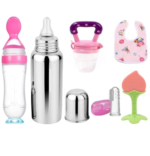 Image of Babybee Baby Fruit Feeder Pacifier (1 Pcs) with 1 PCS Silicone Food Dispensing Spoon 90ML and 1 pcs Fruit Teether 1pcs Finger Brush 1 pcs bib 1 pcs Steel Bottle 240 ML (Pink)