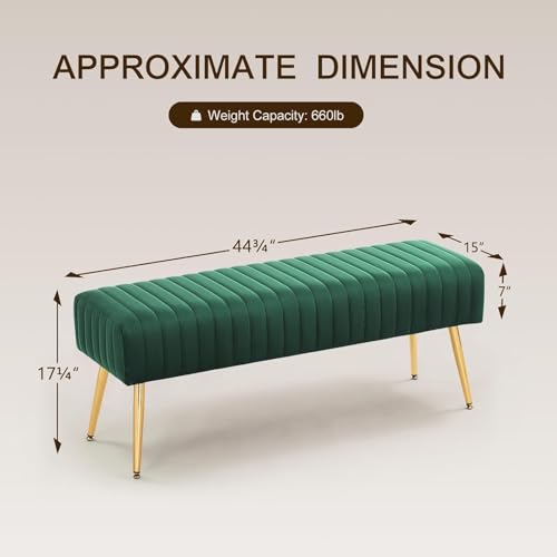 Image of Modern Velvet 2 Seater Ottoman | Upholstered Long Ottoman for Bedroom, Living Room, Entryway, Sofa Upholstered or End of Bed Seating | Comfortable Padded Accent Furniture | Velvet Green
