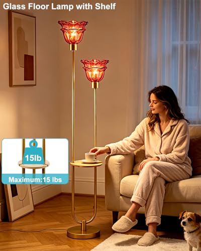 Image of Lightdot Flower Glass Floor Lamp with Table for Living Room 2-Lights Modern Gold Standing Tall Lamps with Pomegranate Red Glass Shade,LED Floor Lamp with Foot Switch for Bedroom (Bulbs Included)