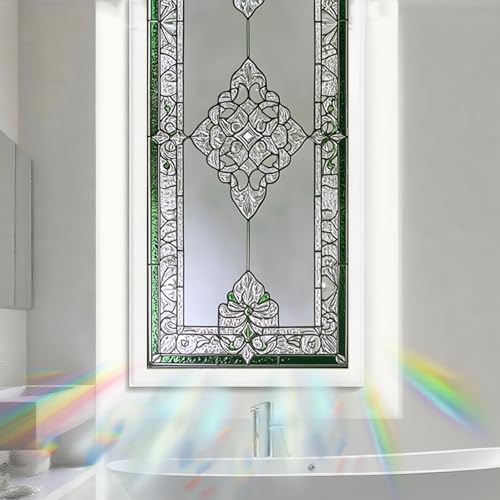 Image of Nuxovilar Sparkle Green Edged Vintage Pattern Window Film 17.7x39.4 PVC | Green Edged, Vintage Cling geometric pattern sticker, classic glass wrap for living room bedroom study (Vintage)