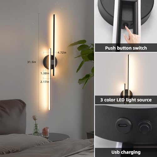 Image of Rechargeable Battery Operated Wall Sconce Set of Two, Black Wireless LED Wall Sconces with Remote Control, Dimmable 3 Colors Cordless Wall Lights for Living Room, Bedroom, Hallway, 31.4 Inch(2pcs)