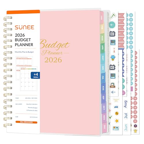 SUNEE 2026 Budget Planner - Deluxe Monthly Budget Book from JAN 2026 - DEC 2026, Bill Organizer with 12-Pockets, Expense Tracker Notebook B5 Size (8