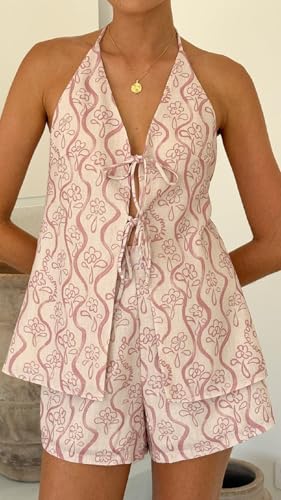 Image of ROAONOCOMO Women Tie Front Shorts Set V Neck Halter Cami Top Y2K 2 Piece Pj Set Graphic Summer Beach Lounge Outfit