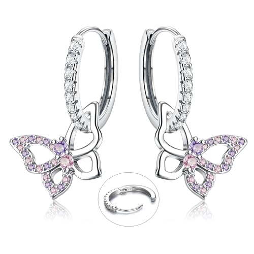 LOLIAS Plata Ley 925 Pendientes Aro Colgantes Estrella Pendientes Gota Pequeños CZ Corazón Mariposa Brillante Colorido Pendiente Aro Huggie Plata Hipoalergénico para Mujeres Niñas
