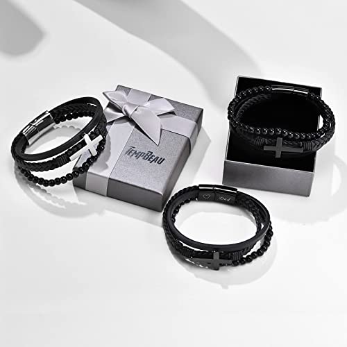 Tempbeau Cross Leather Braided Bracelet For Men - Send Gifts Box, Natural Beads Stone Strand Wristbands, Black Leather Bracelets To Dad Father #TOP4