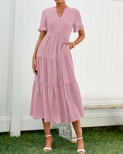 Image of BTFBM Summer Dresses for Women 2025 Vacation V Neck Loose Short Sleeve A Line Tiered Flowy Casual Midi Beach Dress