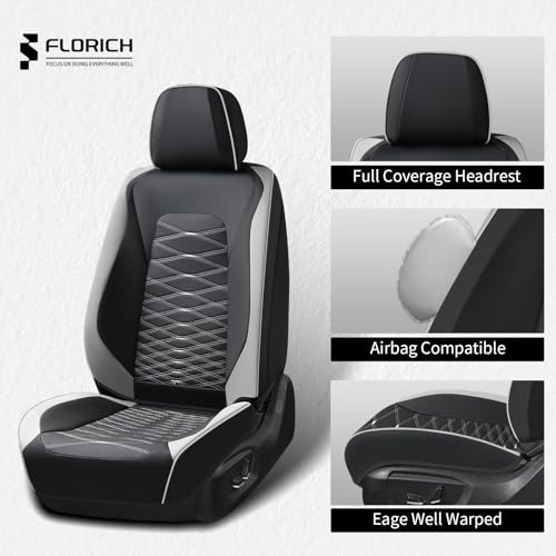 Image of FLORICH Leather Seat Covers, Car Seat Covers Full Set, Car Seat Protector Waterproof, Front and Rear Seat Covers for Cars, Automotive Seat Covers Universal Fit for Most Cars SUV Truck - Gray&Black