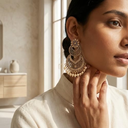 Image of Traditional Chandbali Earrings, Antique Gold and Oxidised Silver, Floral Stud, Pearl Drops, Ethnic Indian Jewellery