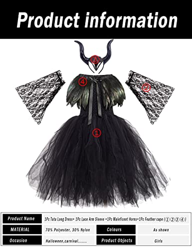 Joukavor Halloween Witch Costume For Girls Maleficent Horns Headband Black Tulle Dresses Feather Cape Devil Outfit For Kids (Black,3-4T) #TOP1