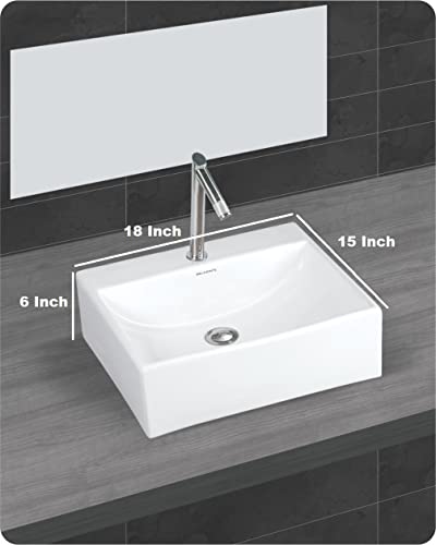 Image of Wash Basin Table Top Over Counter Vessel Sink Glossy Finish White Sink for Bathroom (18 x 15 x 6 Inch)