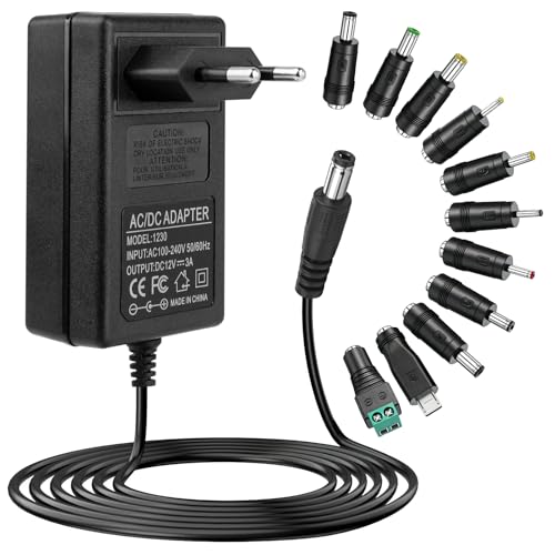 Adaptateur Secteur Universel 12V 3A 36W Transformateur d'Alimentation AC-DC 100-240V avec 11 Connecteurs Interchangeables pour Bande LED Routeur Caméra CCTV...