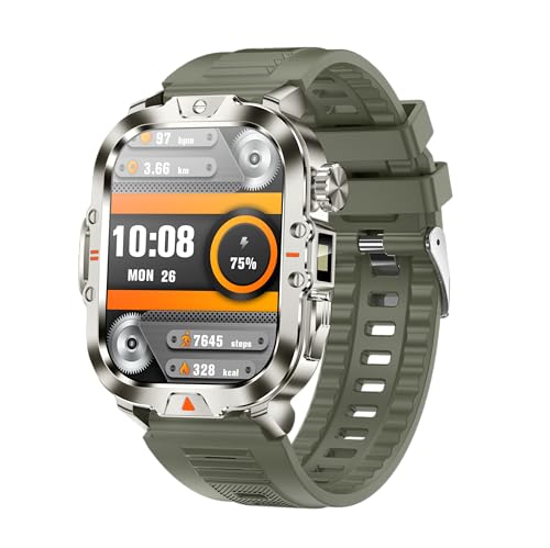 Tinwoo Smart Watch for Men,2.01'' HD Display,Super Bright LED Flashlight,IP68 Waterproof Outdoor Rugged Smartwatch,100+ Sport Modes,Bluetooth Calls/HR Monitor/SpO2 for Android iOS (Starlight Gold)