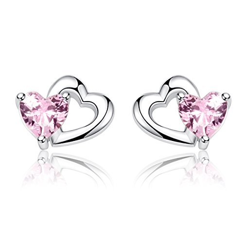 BAMOER Boucles d'oreilles Coeur Femme Fille Boucles d'oreilles Argent 925 Hypoallergéniques Zircon Rose en Forme de Cu009cur Cadeau pour Elle