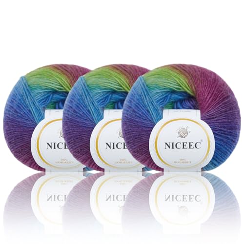 Image of NICEEC 3 Skeins Rainbow Soft Yarn 100% Wool Gradient Multi Color Yarn for Crocheting Knit Total Length 180mx3(196ydsx3,50gx3)-9#