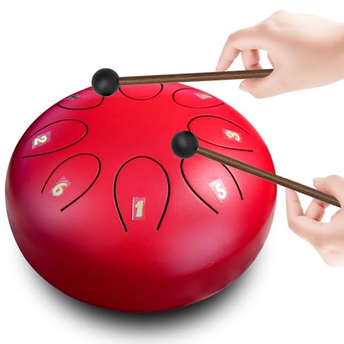 Steel Tongue Drum: 6 inch 8 tone Musical Percussion Instrument, Rain Drum for Outside - Ideal Present for Family and Friends (Red)