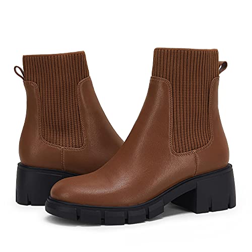 Image of Ruanyu Womens Platform Ankle Boots Elastic Chunky Block Heel Chelsea Booties Lug Sole Non-Slip Combat Shoes