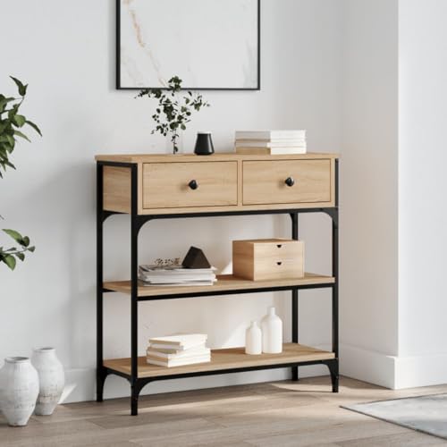 IKAYAA Mesa de Consola con 2 Cajones, Mesa de Entrada de de Madera, Aparador Estrecho de Entrada, Mesa de Pasillo, Fácil Montaje, Roble Sonoma 72.5 x 25 x 75 cm