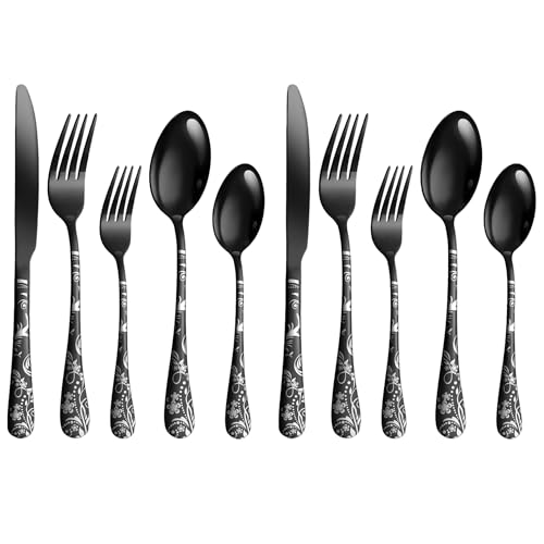 Image of aDai Matte Black Silverware Set | Satin Finish 10-Piece Flatware Set with Unique Floral Printed Handle | Dishwasher Safe Stainless Steel Cutlery for Home, Restaurant & Gifting