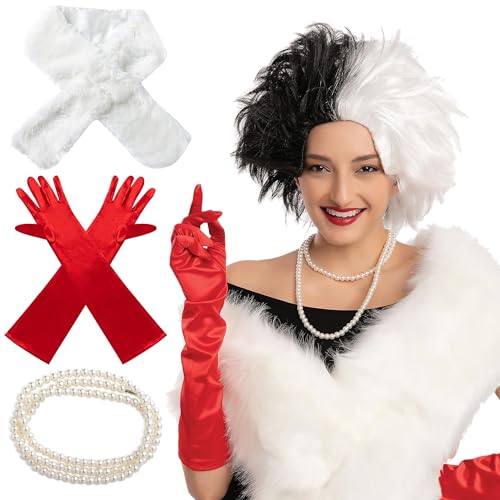 Perruque noire et blanche avec gants et châle pour déguisement sans stress