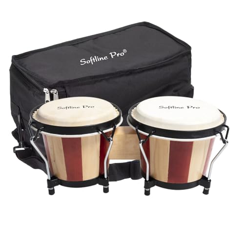 Image of Softline Pro Bongo Drum Set with Tuning Wrench & Padded Professional Wooden Percussion Instrument for Beginner Adults Kids - Natural Skin (Red Stripe - Normal)
