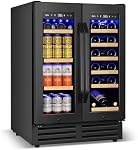 Velivi Wine and Beverage Refrigerator Black, 24 Inch Beverage Cooler Under Counter Dual Zone with Glass Door&Lock, 18 Bottles and 68 Cans Large Capacity for Beer Soda Drink, Built-In or Freestanding