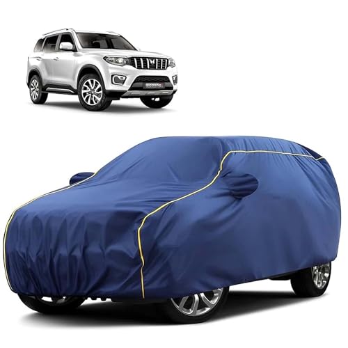 Image of Sulfar 100% Water Resistant Car Body Cover Compatible with Mirror for Mahindra Scorpio N (Triple Stitched, Full Bottom Elastic, Blue Tafetta with Yellow Piping)