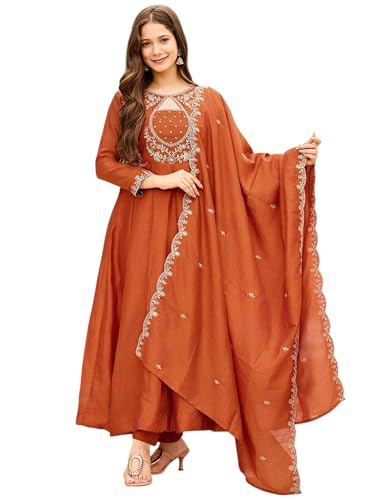 Image of Silk Anarkali Kurta Set, Rust Orange, Embroidered, 3-Piece with Dupatta, Women's Festive Wedding Ethnic Wear.