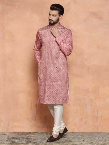 Image of KISAH Men's Navy Blue Printed Cotton Kurta - Regular Fit Long Tunic with Mandarin Collar | Ethnic Wear for Weddings & Festive Occasions