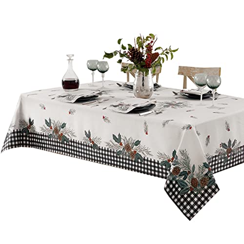 Lintex Festive Berry Black Plaid Country Rustic Bordered Christmas Tablecloth, Cottage Check And Holly Bordered Xmas And Holiday Print Easy Care Fabric Tablecloth, 60 Inch X 102 Inch Oblong/Rectangle #TOP2