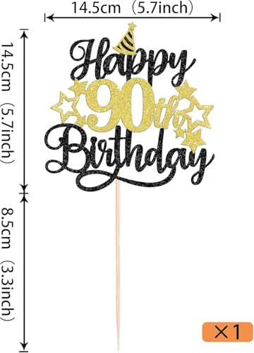 Image of Confetti! Glittering 90th Birthday Cake Topper with Star Hat - Cheers to 90 Years! Fabulous Cake Decorations for Elders 90th Birthday & Anniversary Party Supply